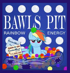 Size: 800x835 | Tagged: safe, artist:pixelkitties, rainbow dash, g4, 3:, ball pit, bawls, bawls energy drink, dashcon, female, floppy ears, frown, glare, label, looking at you, solo, spread wings, unamused, wavy mouth