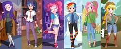Size: 1540x620 | Tagged: artist needed, source needed, useless source url, safe, applejack, fluttershy, pinkie pie, rainbow dash, rarity, twilight sparkle, human, g4, alternate hairstyle, boots, clothes, converse, dressup, dressup game, explicit source, humanized, magical friends, rainbow socks, sneakers, socks, striped socks, thigh highs