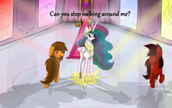 Size: 1280x809 | Tagged: safe, artist:marsminer, princess celestia, oc, oc:mars miner, oc:venus spring, g4, catasterism, funny, mars, marspring, misleading thumbnail, namesake, orbit, pun, throne room, venus, visual pun