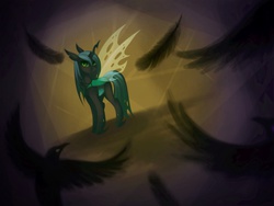 Size: 2048x1536 | Tagged: safe, artist:mausefang, queen chrysalis, bird, changeling, changeling queen, raven (bird), g4, feather, female, solo, transparent wings, wings