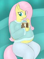 Size: 1716x2308 | Tagged: safe, artist:lamia, fluttershy, anthro, g4, :t, bbw, belly, big belly, clothes, cute, eating, fat, female, food, hips, ice cream, looking at you, muffin top, preggoshy, pregnant, sitting, smiling, solo, sweatershy, thighs, thunder thighs