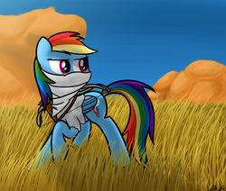 Size: 950x805 | Tagged: safe, artist:mang, rainbow dash, g4, archer dash, arrow, bow (weapon), bow and arrow, clothes, female, grass, mask, mountain, rust, solo, weapon