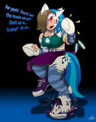 Size: 1011x1280 | Tagged: safe, artist:catmonkshiro, dj pon-3, vinyl scratch, human, g4, arm hooves, belt, clothes, detached sleeves, dialogue, eared humanization, glowstick, horn, horned humanization, human to anthro, human to pony, humanized, midriff, ripping clothes, skirt, sneakers, socks, solo, striped socks, surprised, tailed humanization, tank top, thigh highs, torn clothes, torn socks, transformation