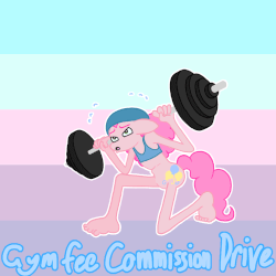 Size: 750x750 | Tagged: safe, artist:lincolm, pinkie pie, earth pony, anthro, plantigrade anthro, g4, animated, clothes, female, pinkie-replies, solo, sports bra, weights