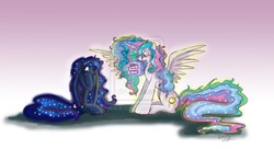 Size: 1547x845 | Tagged: safe, artist:mad munchkin, princess celestia, princess luna, alicorn, pony, g4, coffee mug, female, magic, mare, messy mane, mug, sitting