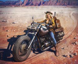 Size: 3000x2497 | Tagged: dead source, safe, artist:vombavr, applejack, rarity, human, g4, desert, female, gun, high res, humanized, lever action rifle, looking at you, motorcycle, realistic, rifle, scenery, solo