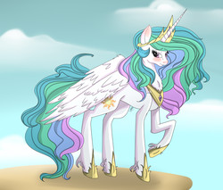 Size: 2345x2000 | Tagged: safe, artist:thegearheadpony, princess celestia, g4, blushing, female, high res, looking at you, raised hoof, smiling, solo, unshorn fetlocks