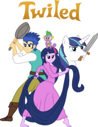 Size: 6000x7808 | Tagged: safe, artist:steghost, flash sentry, shining armor, spike, twilight sparkle, chameleon, pony, unicorn, equestria girls, g4, absurd resolution, barefoot, crossover, disney, feet, frying pan, horn, impossibly long hair, long hair, male, mouth hold, pan, simple background, smiling, smirk, species swap, stallion, sword, tangled (disney), transparent background, vector, weapon