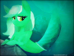 Size: 1024x768 | Tagged: safe, lyra heartstrings, merpony, anthro, g4, female, fish tail, horn, mare, ocean, rock, seaponified, smiling, solo, species swap, tail, underwater, water