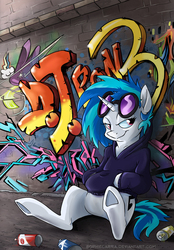 Size: 502x720 | Tagged: safe, artist:spainfischer, dj pon-3, vinyl scratch, pony, g4, background pony, clothes, cute, female, graffiti, hoodie, solo, underhoof, vinylbetes