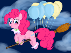 Size: 1024x768 | Tagged: safe, artist:moekonya, artist:rioumcdohl26, pinkie pie, g4, arche klaine, balloon, blushing, broom, cloud, female, flying, flying broomstick, looking back, night, night sky, open mouth, smiling, solo, tales of phantasia, tales of series, then watch her balloons lift her up to the sky