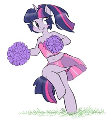 Size: 700x800 | Tagged: safe, artist:glacierclear, twilight sparkle, unicorn, anthro, unguligrade anthro, g4, belly button, blushing, cheerleader, clothes, female, happy, midriff, panties, simple background, skirt, smiling, solo, underwear, upskirt, white background