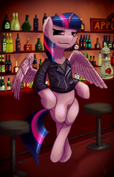 Size: 1286x2000 | Tagged: safe, artist:hieronymuswhite, twilight sparkle, alicorn, pony, g4, alcohol, bar, bipedal, bipedal leaning, clothes, female, jacket, leather jacket, looking at you, mare, smiling, smirk, solo, spread wings, twilight sparkle (alicorn)