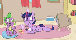 Size: 1014x536 | Tagged: safe, artist:meowing-ghost, spike, twilight sparkle, alicorn, pony, g4, female, hay burger, mare, television, twilight sparkle (alicorn)