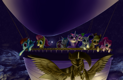 Size: 5100x3300 | Tagged: safe, artist:here-for-the-ponies, applejack, fluttershy, pinkie pie, princess cadance, rainbow dash, rarity, shining armor, spike, twilight sparkle, alicorn, pony, g4, absurd resolution, airship, female, mane seven, mane six, mare, night, twilight sparkle (alicorn)