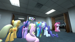 Size: 1280x720 | Tagged: safe, applejack, fluttershy, pinkie pie, rainbow dash, rarity, twilight sparkle, human, g4, 3d, gmod, mane six