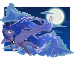 Size: 770x605 | Tagged: safe, artist:lethalpepsi, princess luna, g4, cloud, cloudy, female, flying, moon, solo
