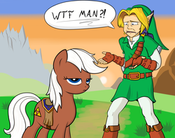 Size: 1516x1200 | Tagged: safe, artist:thebrokencog, earth pony, pony, clothes, crossover, dialogue, epona, epony, female, fingerless gloves, frown, gloves, grumpy, link, mare, ponified, saddle, speech bubble, the legend of zelda, unamused, wide eyes