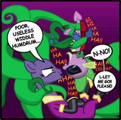 Size: 1112x1104 | Tagged: safe, artist:changeling #209458, mane-iac, spike, g4, power ponies (episode), crying, eyes closed, feet, humdrum costume, laughing, on back, open mouth, power ponies, restrained, ship:spike-iac, smiling, tickle torture, tickling, upside down