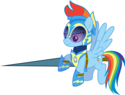 Size: 3920x3000 | Tagged: safe, artist:ruinedomega, rainbow dash, pegasus, pony, g4, alternate universe, armor, female, flying, high res, lance, mare, ponyscape, simple background, solo, spread wings, transparent background, vector, wings