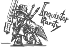Size: 7020x4950 | Tagged: safe, artist:wreky, rarity, pony, unicorn, g4, absurd resolution, crossover, female, giant hat, hat, inquisition, inquisitor, magic, monochrome, power sword, sketch, solo, sword, telekinesis, warhammer (game), warhammer 40k