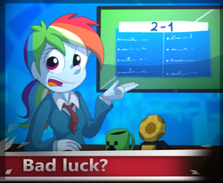 Size: 1400x1152 | Tagged: safe, artist:fj-c, rainbow dash, equestria girls, g4, clothes, creeper, female, football, looking at you, minecraft, mug, news, solo, trophy