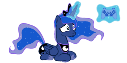 Size: 1000x500 | Tagged: safe, artist:duna364, princess luna, alicorn, pony, gamer luna, g4, dark souls 2, female, frown, jewelry, levitation, magic, mare, prone, regalia, simple background, solo, telekinesis, transparent background, wide eyes