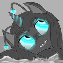 Size: 1000x1000 | Tagged: safe, artist:khorme, oc, oc only, oc:orchid, oc:ultramare, earth pony, kaiju pony, monster pony, pony, antennae, duo, glowing eyes, glowing horn, grayscale, horn, looking up, monochrome, on side, open mouth, partial color, pier, sharp teeth, size difference, teeth