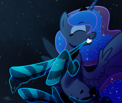Size: 1400x1177 | Tagged: safe, artist:darkflame75, princess luna, alicorn, pony, lunadoodle, g4, clothes, eyes closed, female, mare, mouth hold, socks, solo, striped socks