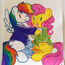 Size: 1280x1280 | Tagged: safe, artist:leslers, fluttershy, rainbow dash, g4, bottomless, clothes, female, lesbian, partial nudity, ship:flutterdash, shipping, sweater, sweatershy, traditional art