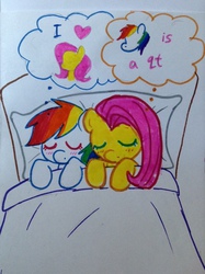 Size: 956x1280 | Tagged: safe, artist:leslers, fluttershy, rainbow dash, g4, bed, female, heart, lesbian, ship:flutterdash, shipping, sleeping, sleeping together, traditional art