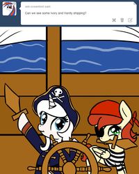 Size: 1200x1500 | Tagged: safe, artist:ivorylace, artist:katiespalace, oc, oc only, oc:ivory lace, oc:vanity, pegasus, pony, unicorn, ask, eyepatch, female, mare, mouth hold, pirate, shipping, tumblr, wooden sword