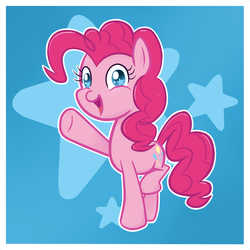 Size: 1000x1000 | Tagged: safe, artist:llamacheesecake, pinkie pie, g4, female, looking at you, open mouth, pointing, raised leg, smiling, solo, stars, wingding eyes