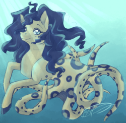 Size: 988x966 | Tagged: safe, artist:kaydreamer, oc, oc only, oc:scylla, monster pony, octopony, original species, blue ringed octopus, signature, solo, tentacles, underwater, water