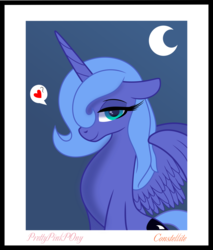 Size: 2548x2995 | Tagged: safe, artist:constellite, artist:prettypinkpony, princess luna, alicorn, pony, g4, bedroom eyes, female, floppy ears, hair over one eye, heart, high res, long eyelashes, looking at you, missing accessory, moon, pictogram, portrait, s1 luna, simple background, sitting, solo, spread wings, vector, white background