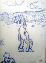 Size: 426x586 | Tagged: safe, artist:gpgo-sparkling-panda, applejack, winona, dog, pony, g4, beach, beach ball, bipedal, female, monochrome, ocean, solo, traditional art