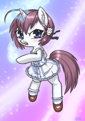 Size: 658x937 | Tagged: safe, artist:mcponyponypony, oc, oc only, ghost, pony, unicorn, anime, blue eyes, bow, brown mane, clothes, dress, fanart, female, filly, hair bow, horn, magic, open mouth, ponified, request, rokujouma no shinryakusha, sanae higashihongan, shoes, socks, solo, white coat