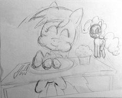 Size: 2203x1760 | Tagged: safe, artist:infinitydash, derpy hooves, pinkie pie, pegasus, pony, g4, baked potato, dinner, female, livestream, mare, monochrome, muffin, pencil drawing, sketch, traditional art
