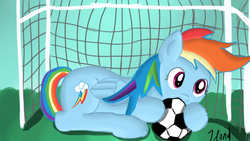 Size: 1280x720 | Tagged: safe, artist:jbond, rainbow dash, pegasus, pony, g4, ball, female, hoofball, lying down, mare, prone, signature, solo