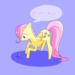Size: 1500x1500 | Tagged: safe, artist:buu, fluttershy, bird, pegasus, pony, g4, dialogue, encouragement, encouraging, female, filly, folded wings, looking down, pixiv, solo, speech bubble, wings, younger
