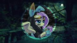 Size: 1920x1080 | Tagged: safe, artist:avareq, artist:kp-shadowsquirrel, fluttershy, pegasus, pony, g4, badass, bunny ears, clothes, dangerous mission outfit, female, forest, goggles, hoodie, juice box, mare, solo, vector, wallpaper