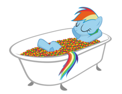 Size: 1776x1371 | Tagged: safe, artist:flare-chaser, rainbow dash, g4, "bathing" in food, arm behind head, bath, bathtub, candy, claw foot bathtub, crossed legs, eyes closed, female, food, relaxing, simple background, skittles, smiling, solo, taste the rainbow, transparent background