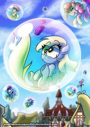 Size: 752x1063 | Tagged: safe, artist:anotheraverageartist, applejack, derpy hooves, fluttershy, pinkie pie, rainbow dash, rarity, spike, twilight sparkle, alicorn, earth pony, pegasus, pony, unicorn, bubble, cloud, cloudy, ear fluff, eyes closed, in bubble, mane seven, mane six, open mouth, ponyville, shocked, sitting, sky, smiling, twilight sparkle (alicorn), wide eyes
