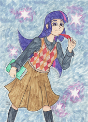 Size: 1275x1754 | Tagged: safe, artist:enigmaticthief, twilight sparkle, human, g4, book, clothes, feather, female, humanized, pixiv, skirt, solo