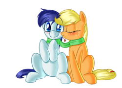 Size: 1024x737 | Tagged: safe, artist:january3rd, applejack, oc, oc:constance everheart, g4, blushing, canon x oc, clothes, everjack, heart, kissing, scarf, shared clothing, shared scarf, shipping, simple background, transparent background