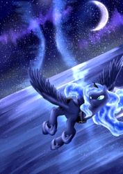 Size: 1753x2480 | Tagged: safe, artist:baldmoose, princess luna, female, flying, looking back, moon, solo, space, stars