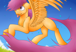 Size: 1216x833 | Tagged: safe, artist:loukaina, scootaloo, g4, adult blank flank, blank flank, female, flying, older, scootaloo can fly, solo, tongue out