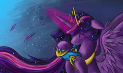 Size: 1805x1082 | Tagged: safe, artist:ardail, twilight sparkle, alicorn, pony, g4, crossover, crying, feather, female, floppy ears, immortality blues, magic, mare, musical instrument, new crown, ocarina, playing, solo, the legend of zelda, the legend of zelda: ocarina of time, twilight sparkle (alicorn)