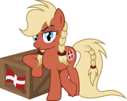 Size: 2061x1632 | Tagged: safe, artist:zekrom-9, oc, oc only, oc:valkyria, earth pony, pony, braid, container, denmark, female, flag, hairband, maersk, mare, nation ponies, pigtails, pun, shipping, solo, twintails