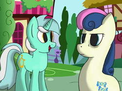 Size: 1024x768 | Tagged: safe, artist:flufgun, bon bon, lyra heartstrings, sweetie drops, g4, bon bon is not amused, duo